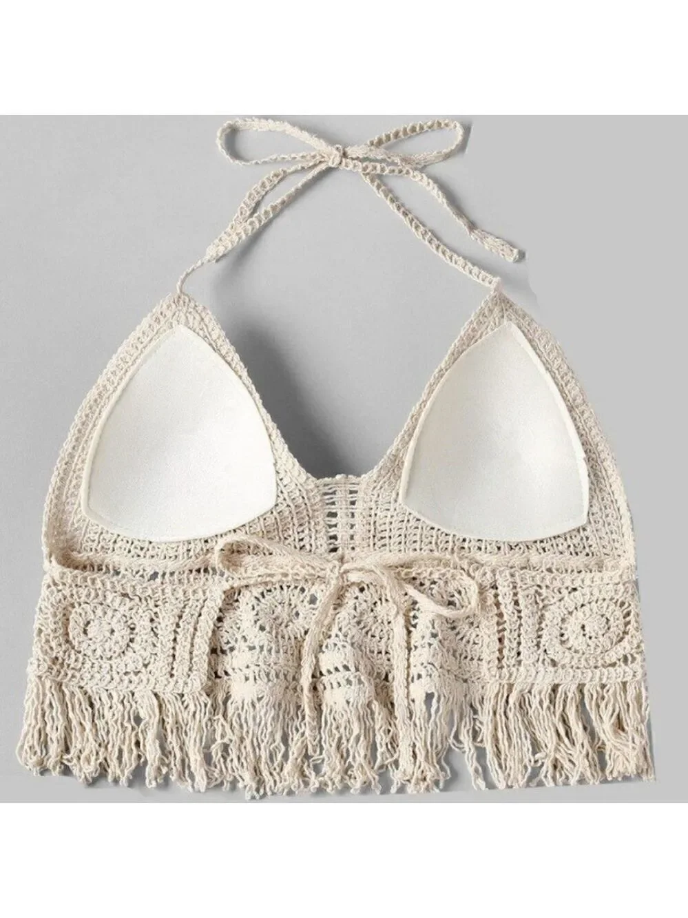 Crochet Halter Bra with Cropped Tassel Hem Summer Sleeveless Casual Top - Picture 7 of 8